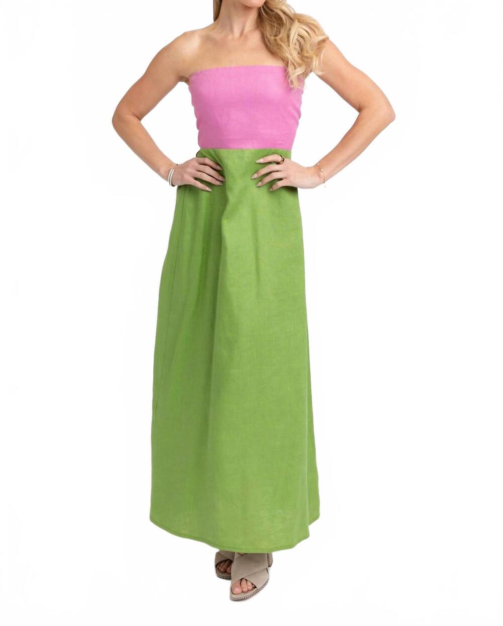 NEW KARLIE colorblock linen maxi dress in pink/ green